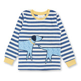 LONG JOHN RETRO Terry Pyjama, dunkelblau-gestreift mit Hund, von Sense Organics, Gr. 98 (2-3 Jahre)