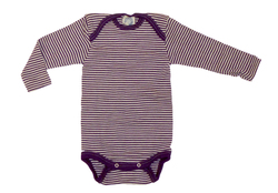 Baby-Body 1/1 Arm aus Wolle-Seide  von Cosilana,  pflaume/natur geringelt, 74/80