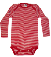 Baby-Body 1/1 Arm aus Wolle-Seide von Cosilana, rot/natur geringelt, 74/80