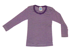 Kinder-Unterhemd 1/1 Arm aus Wolle-Seide von Cosilana, pflaume/natur geringelt, 128