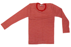 Kinder-Unterhemd 1/1 Arm aus Wolle-Seide von Cosilana, rot/natur geringelt, 128