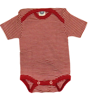 Baby-Body 1/4 Arm aus Wolle-Seide von Cosilana, rot/natur geringelt, 50/56
