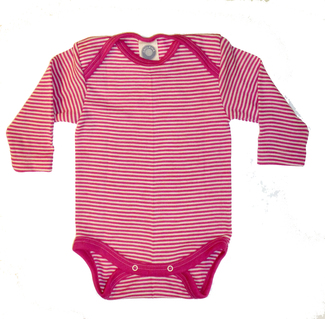 Baby-Body 1/1 Arm aus Wolle-Seide  - von „Cosilana“, pink/natur geringelt, 74/80