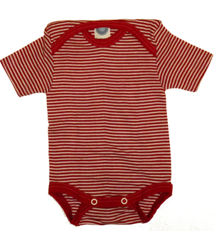 Baby-Body 1/4 Arm aus Wolle-Seide  - von „Cosilana“, rot/natur geringelt, 50/56