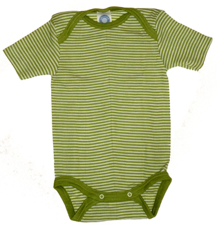 Baby-Body 1/4 Arm aus Wolle-Seide  - von „Cosilana“, grün/natur geringelt, 50/56