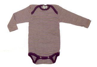 Baby-Body 1/1 Arm aus Wolle-Seide  - von „Cosilana“,  pflaume/natur geringelt, 74/80