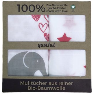 Mulltücher, 2er Set, Elefantenherz/Sterne, Pink, Quschel, 65x65 cm