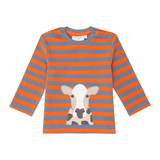 ELAN Baby Shirt, von Sense Organics, Dusty Blue-Orange gestreift mit Kuh, Gr. 74 (6-9 Monate)